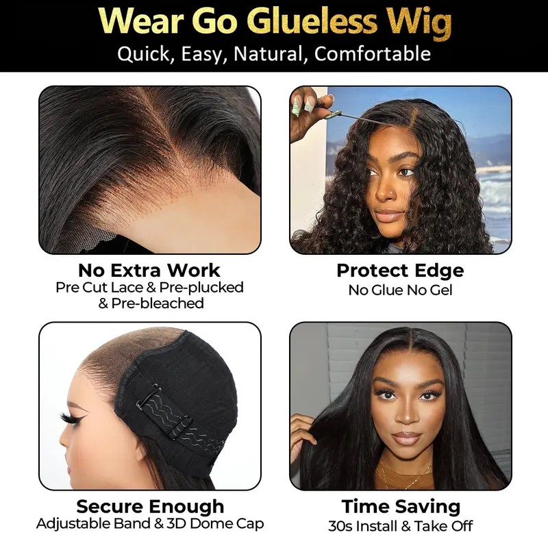 Last Day 70% OFF🔥Pre-Cut Lace Kinky Straight 360 Full Lace Frontal Glueless Wig With Invisi Drawstring Pre Plucked Human Hair Wig