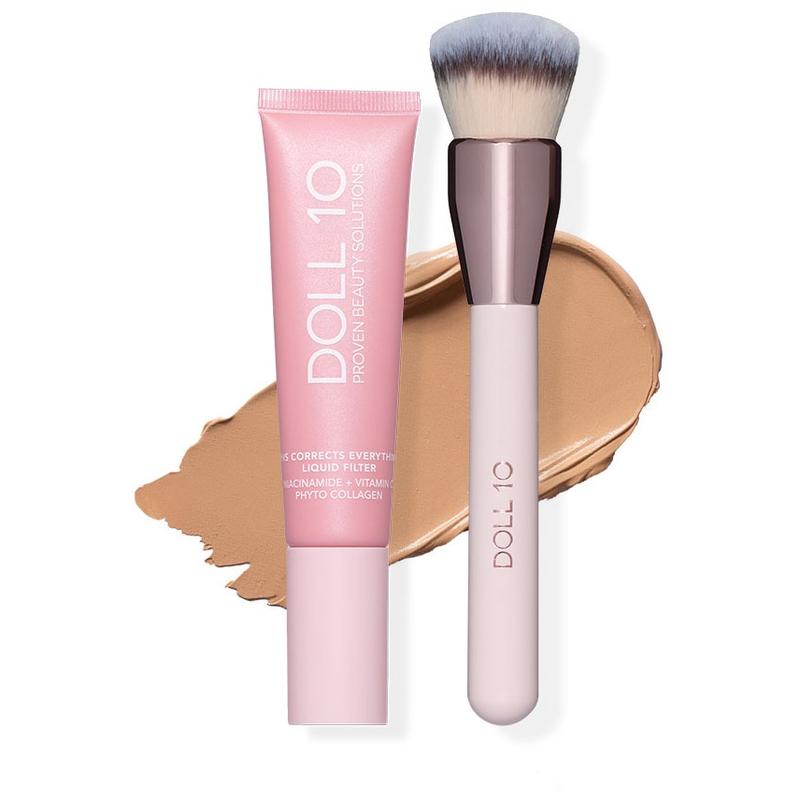 Liquid Filter Foundation 1oz with Smoothing Brush for Flawless Coverage & Niacinamide Infused Makeup Set