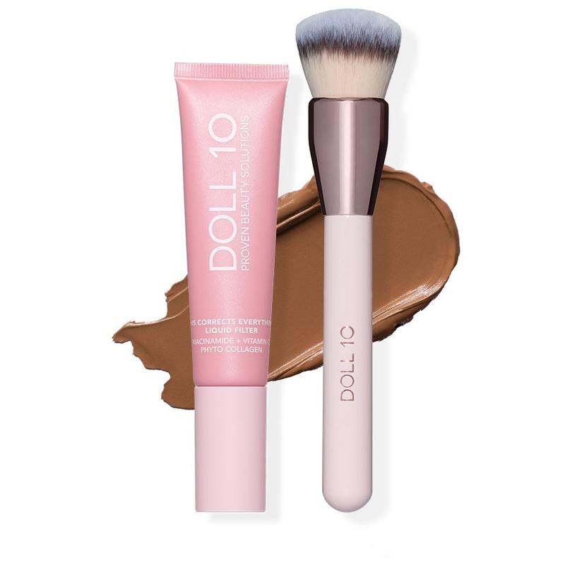 Liquid Filter Foundation 1oz with Smoothing Brush for Flawless Coverage & Niacinamide Infused Makeup Set