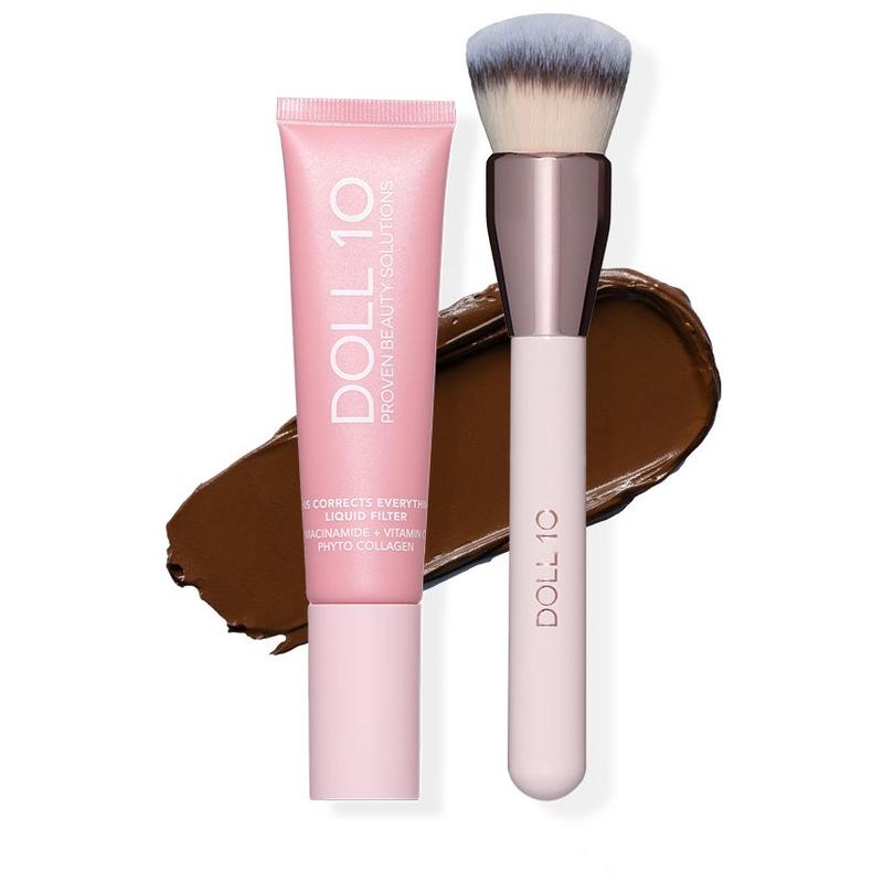 Liquid Filter Foundation 1oz with Smoothing Brush for Flawless Coverage & Niacinamide Infused Makeup Set