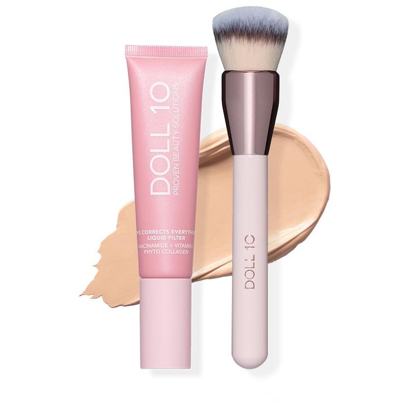 Liquid Filter Foundation 1oz with Smoothing Brush for Flawless Coverage & Niacinamide Infused Makeup Set