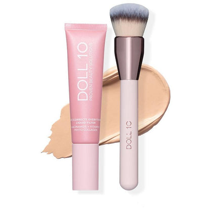 Liquid Filter Foundation 1oz with Smoothing Brush for Flawless Coverage & Niacinamide Infused Makeup Set