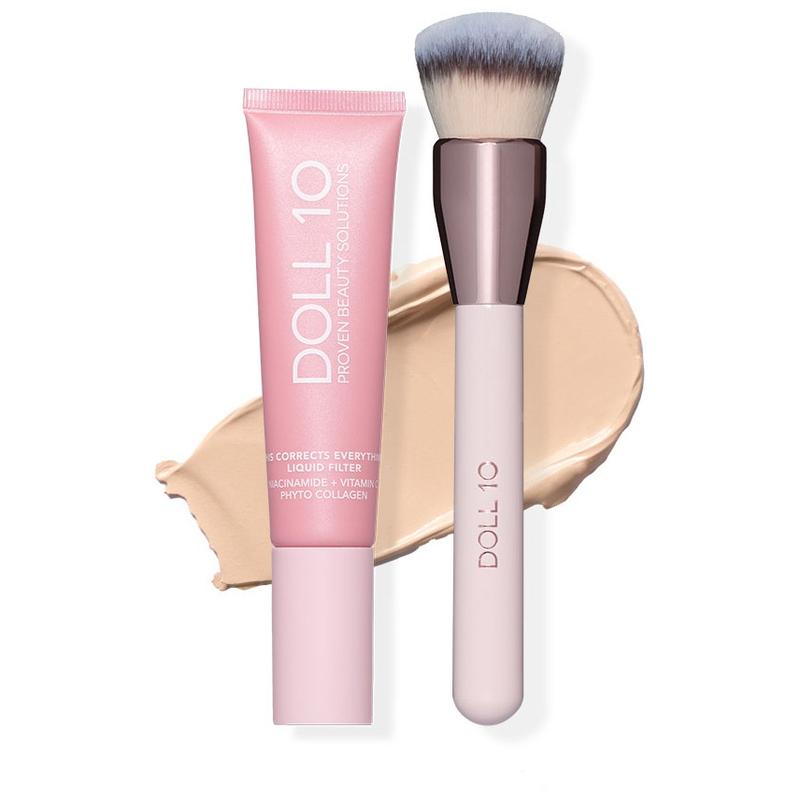 Liquid Filter Foundation 1oz with Smoothing Brush for Flawless Coverage & Niacinamide Infused Makeup Set