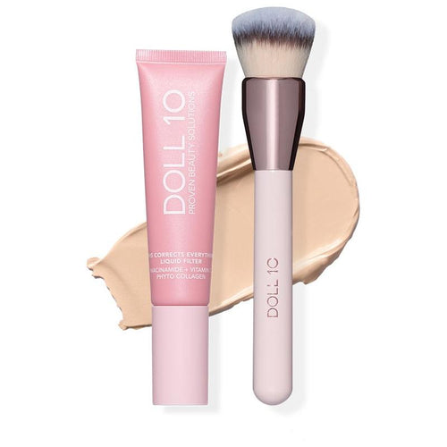 Liquid Filter Foundation 1oz with Smoothing Brush for Flawless Coverage & Niacinamide Infused Makeup Set
