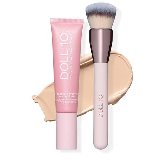 Liquid Filter Foundation 1oz with Smoothing Brush for Flawless Coverage & Niacinamide Infused Makeup Set