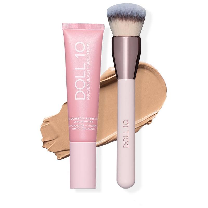 Liquid Filter Foundation 1oz with Smoothing Brush for Flawless Coverage & Niacinamide Infused Makeup Set