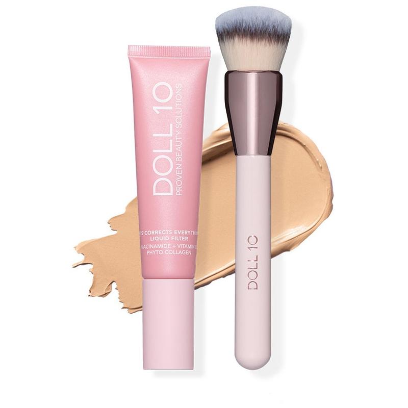Liquid Filter Foundation 1oz with Smoothing Brush for Flawless Coverage & Niacinamide Infused Makeup Set
