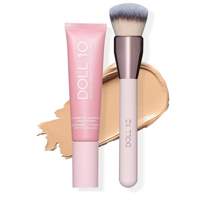Liquid Filter Foundation 1oz with Smoothing Brush for Flawless Coverage & Niacinamide Infused Makeup Set